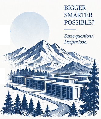 Blue ink illustration of mountain, data center, and the words Bigger Smarter Possible?