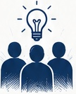 Ink illustration of three researchers and a light bulb