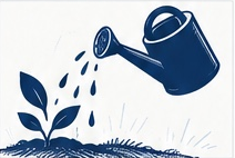 Ink illustration of a watering can tending a seedling